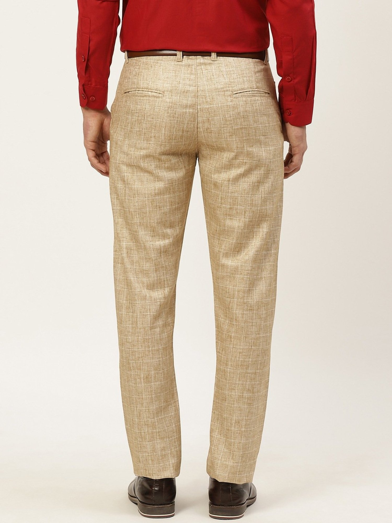 Sojanya Beige Cotton Regular Slim Fit Checks Flat Front Trousers