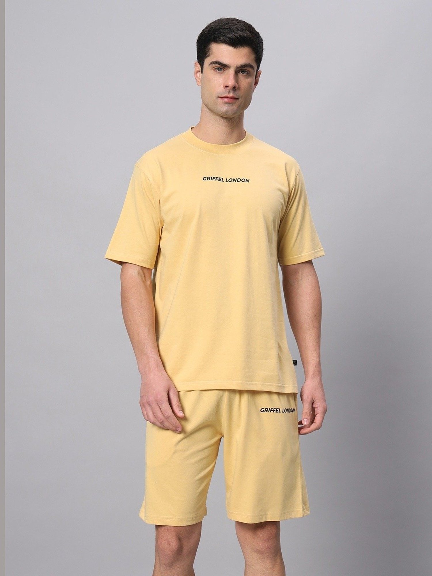 Griffel Yellow Cotton Loose Fit Logo Printed Co-Ord Set