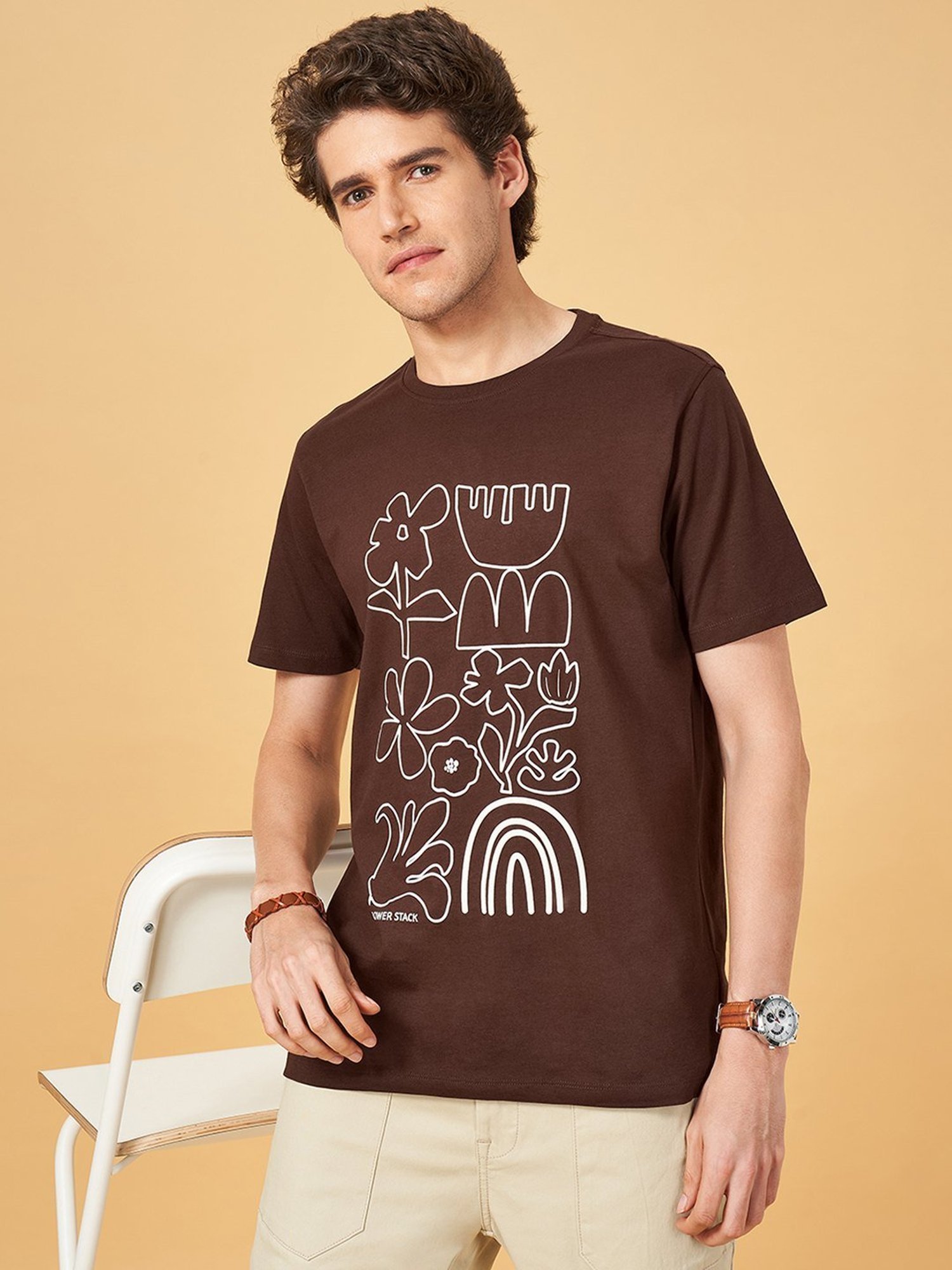 Urban Ranger by Pantaloons Dark Earth Cotton Slim Fit Printed T-Shirt
