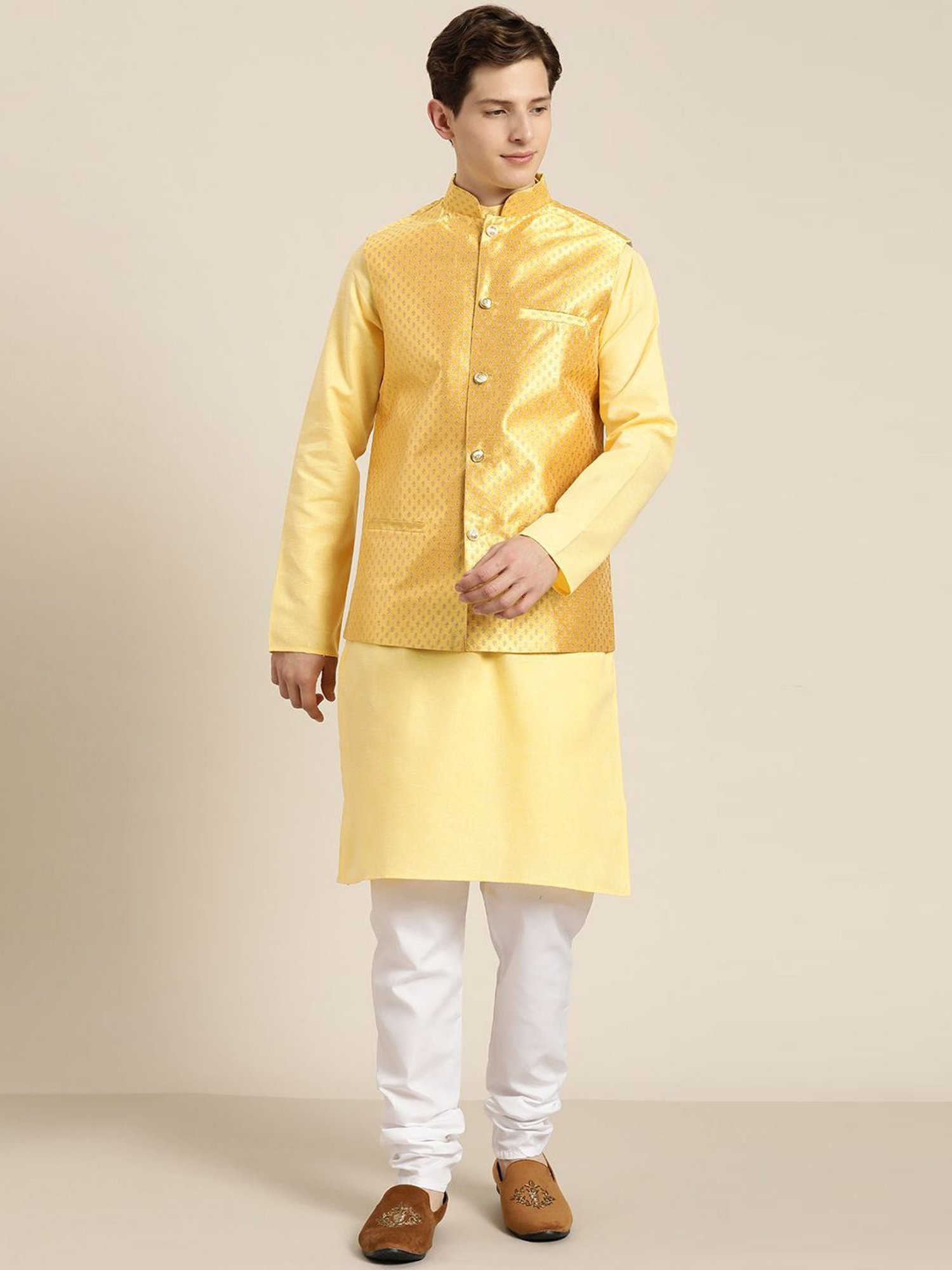 Sojanya Yellow Regular Fit Self Pattern Kurta Set With Jacket