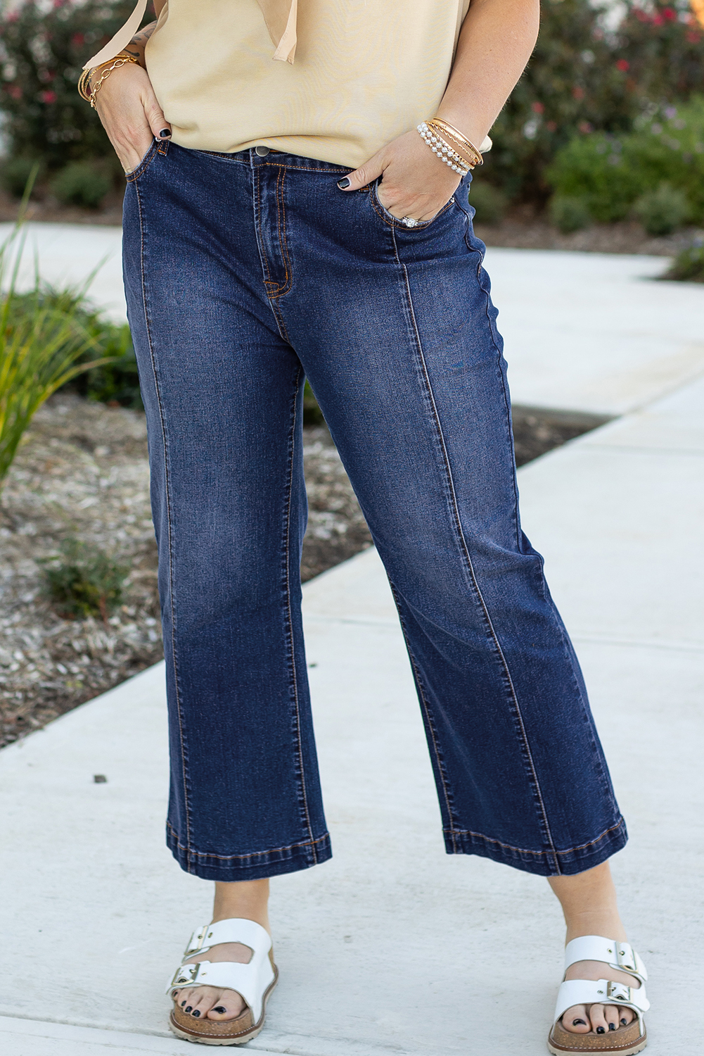 Dark Blue Plus Size Stitching Washed Flare Jeans