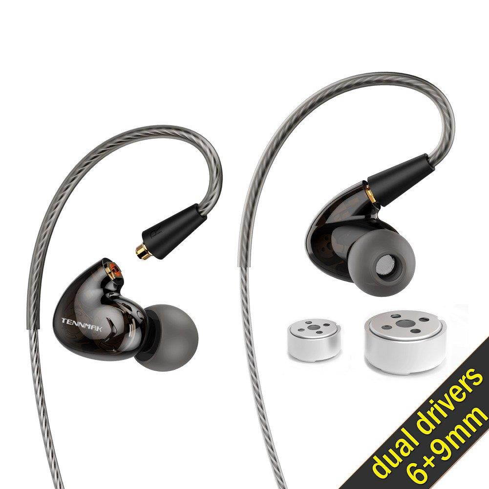Tennmak Pro Dual Dynamic Driver Detachable Sport Earhook Detachable in Ear Earphones, MMCX Earphone with 4 Drivers (Black NO MIC)