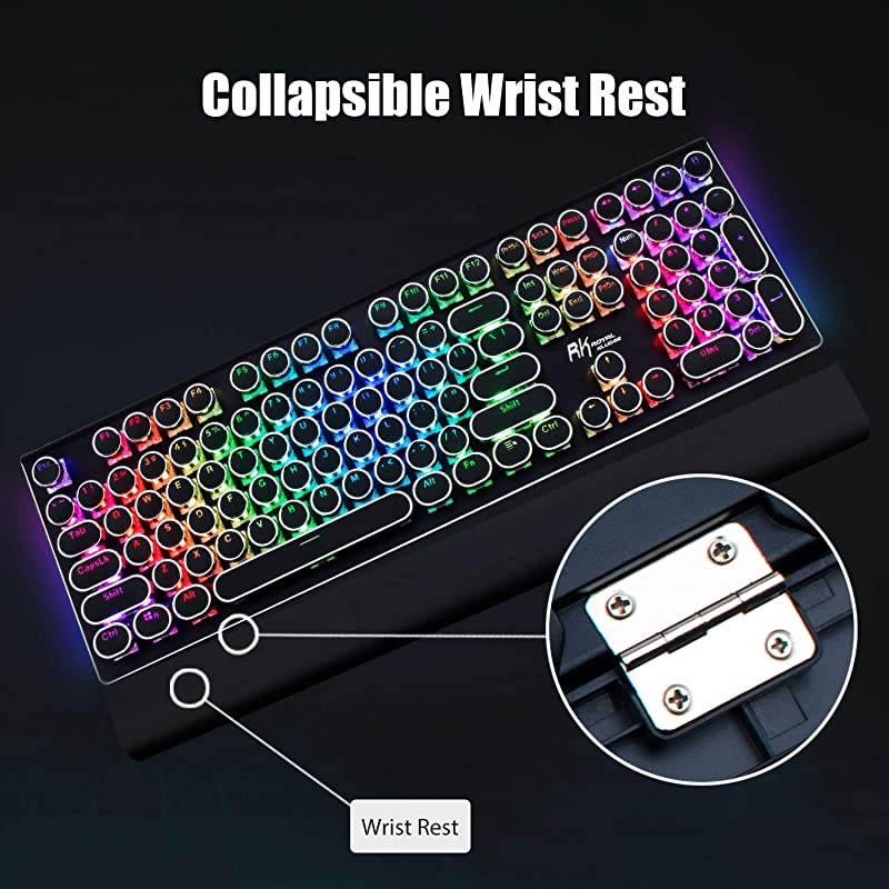 ROYAL KLUDGE Typewriter Style Mechanical Gaming Keyboard with True RGB Backlit Collapsible Wrist Rest 108-Key Blue Switch Retro Round Keycap, Black