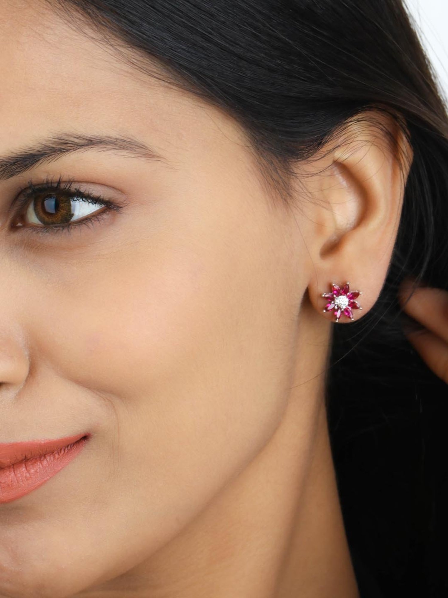 925 Silver Red Ruby and American Diamond Flower Stud Earrings for Women & Girls