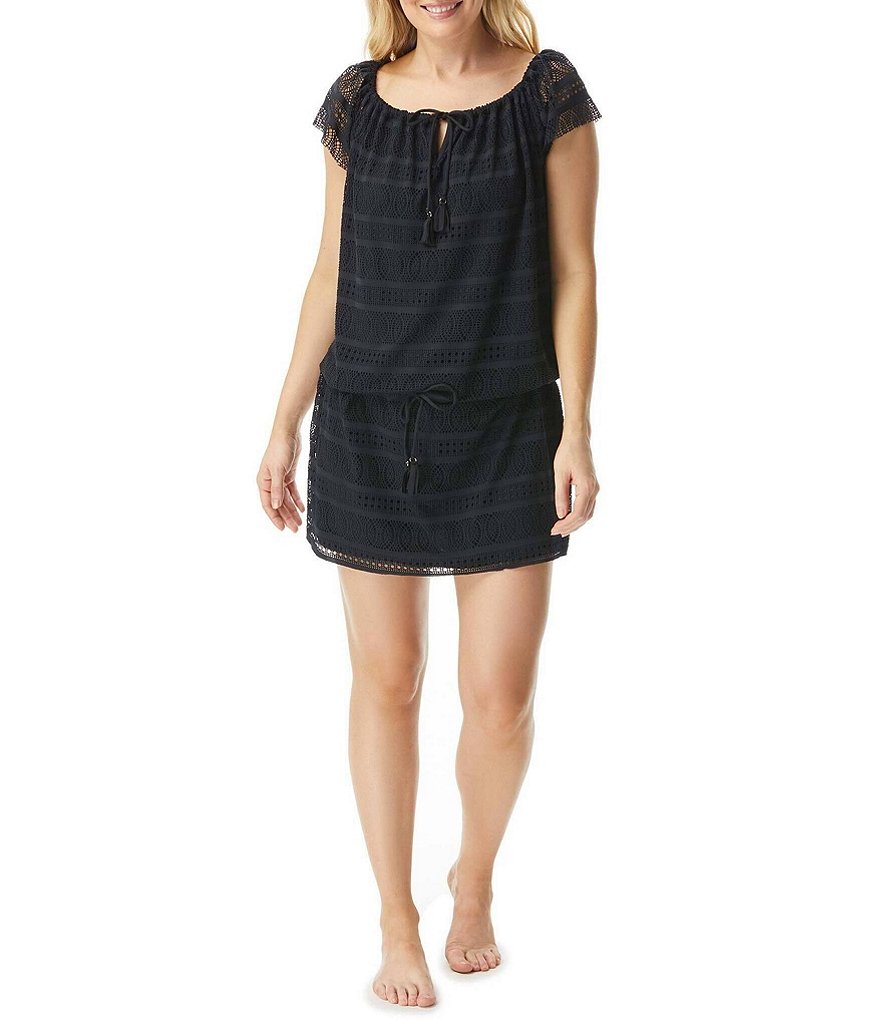 Tommy Bahama Midnight Orchid Tropical Print Scoop Neck Ruffle Hem Spa Dress