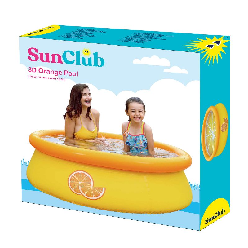 JLeisure Sun Club17789 5 Foot x 16.5 Inch 1 to 2 Person Capacity Orange 3D Above Ground Kid Inflatable Outdoor Backyard Swimming Pool, Yellow