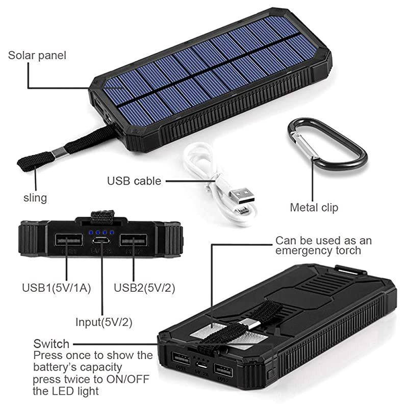 Solar Charger,  15000mAh Portable Solar Power Bank with Dual USB Output Ports, Solar Phone Charger External Battery Pack with 6 LED Flashlight Light for iPhone, iPad, Android and More (Black)