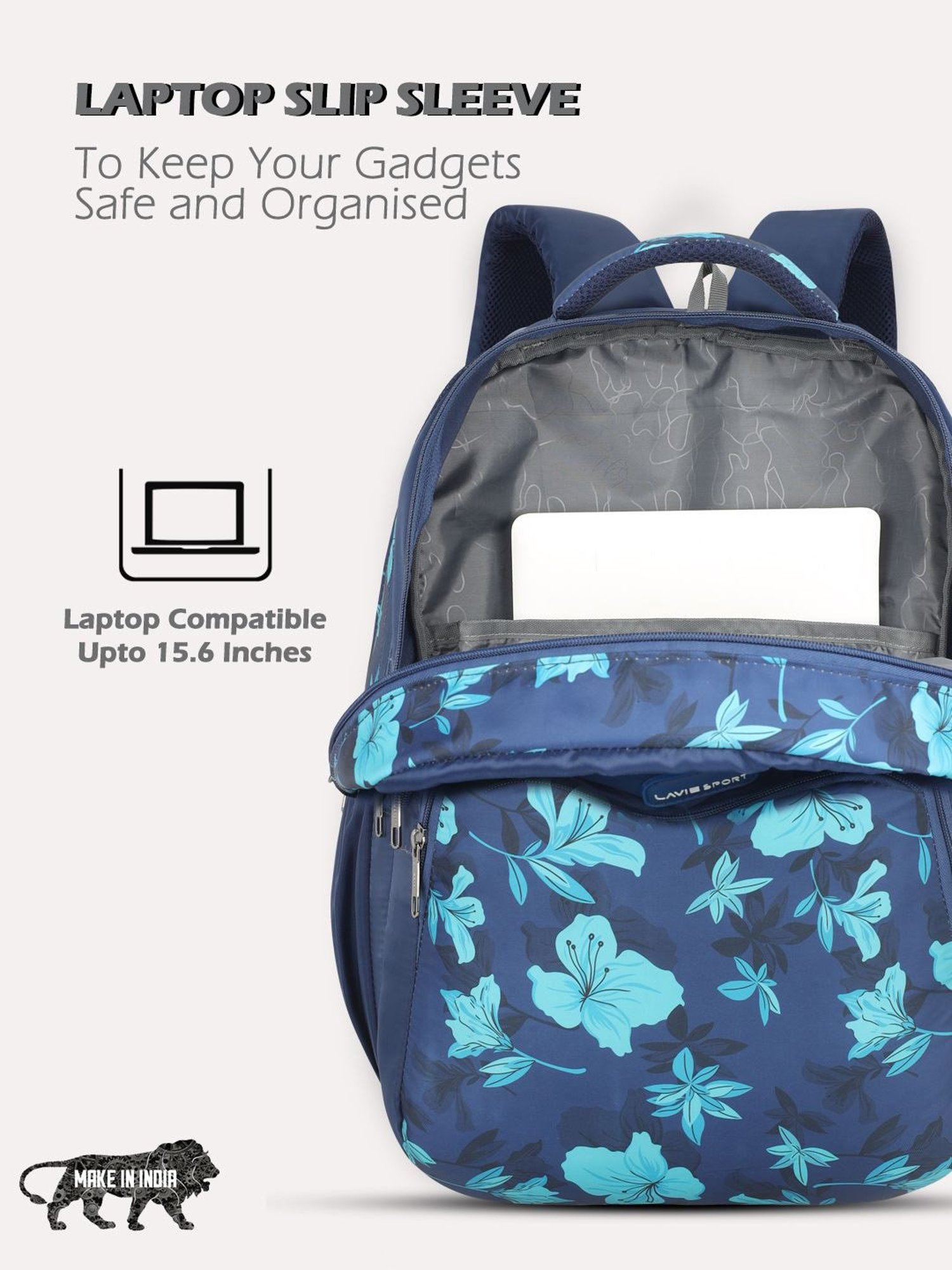 Lavie Sport Cherry Blossom 39L Printed School Backpack with Rain cover for Girls (Navy)