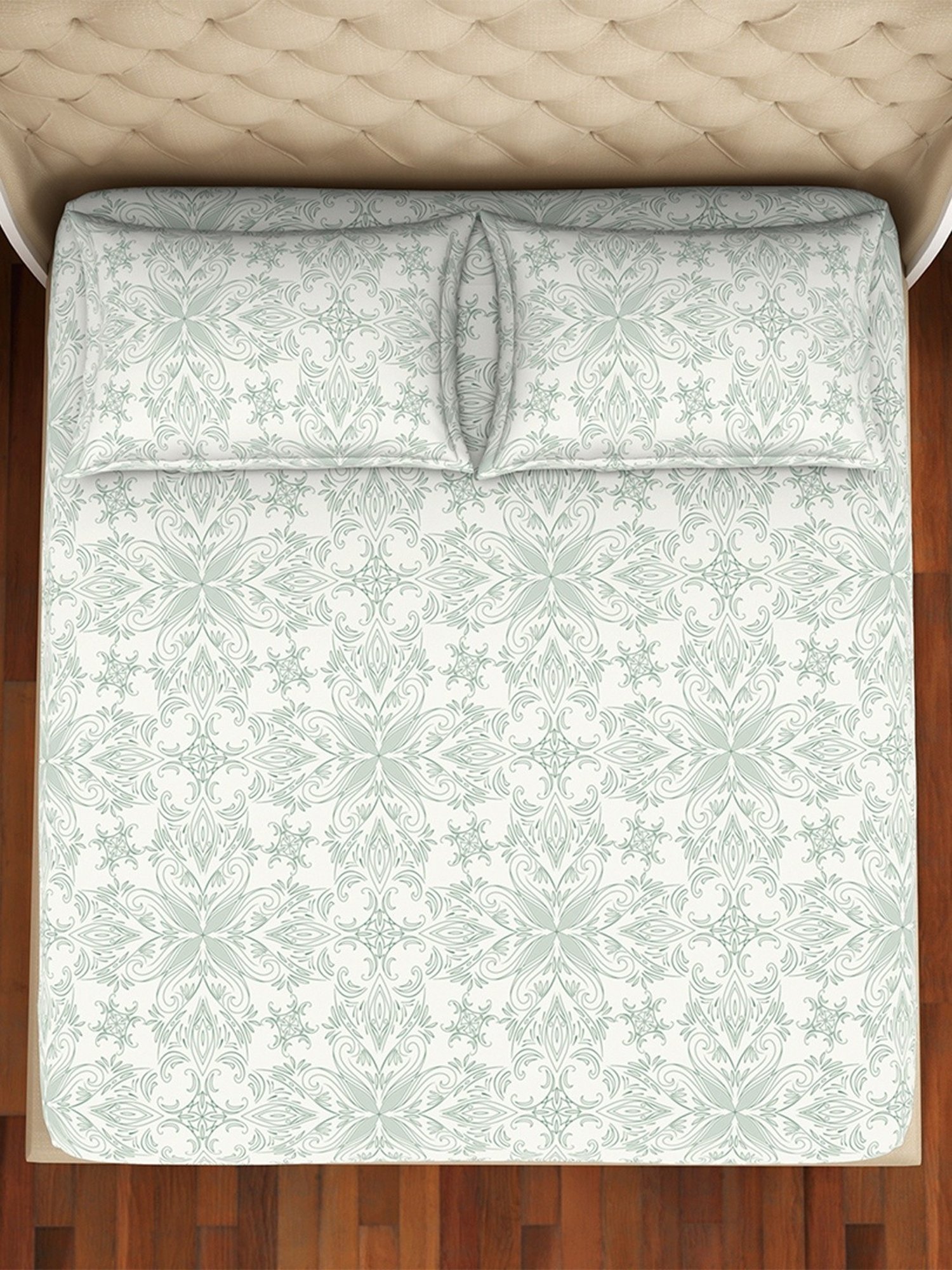 Welspun Printed Beige Cotton Double Bedsheet with 2 Pillow Covers