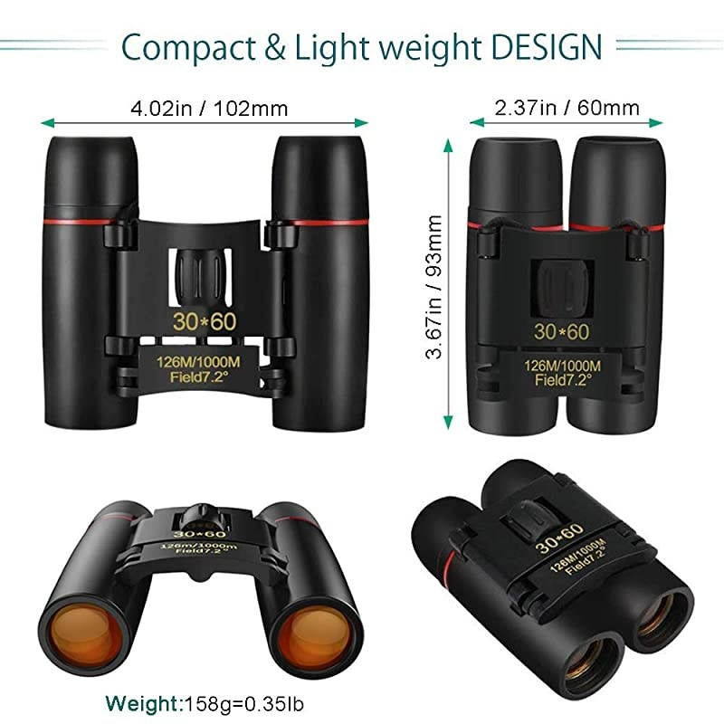Compact Binoculars Small Folding Binoculars with Night Vision Large Eyepiece Easy Focus for Kids Adults Bird Watching Travel Hunting Concerts Sports Waterproof Telescope with Strap BagBlack