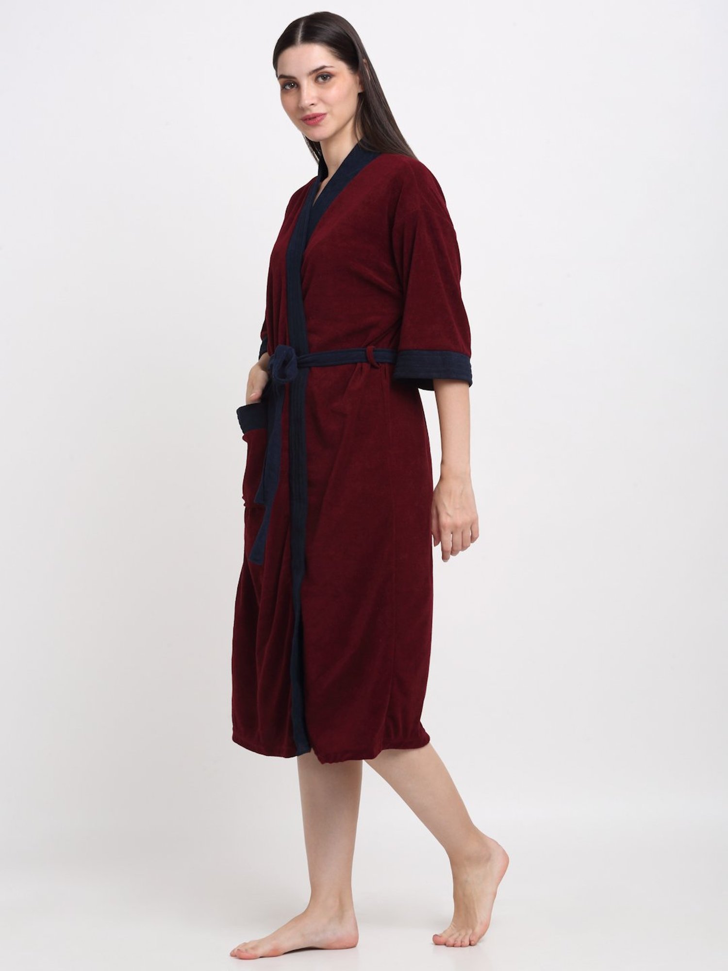 Creeva Everyday Wine & Navy 225 GSM Micro Terry Bathrobe with Front Pocket & Kimono Collar