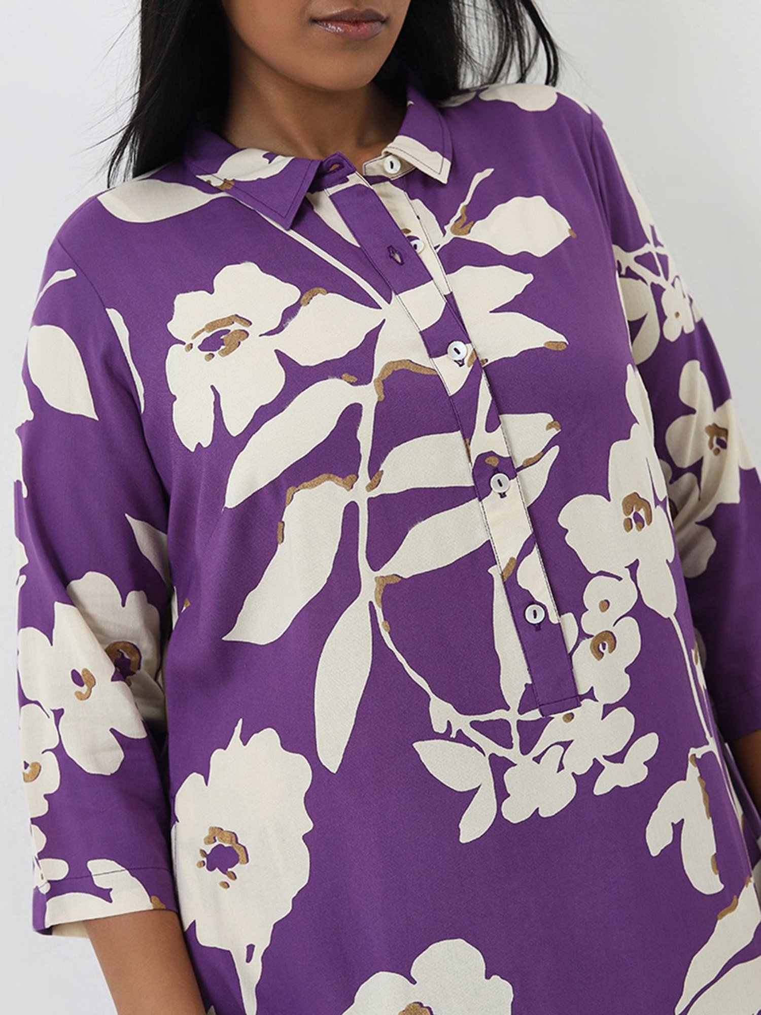 Diza by Westside Purple Floral Printed A-Line Cotton Kurta