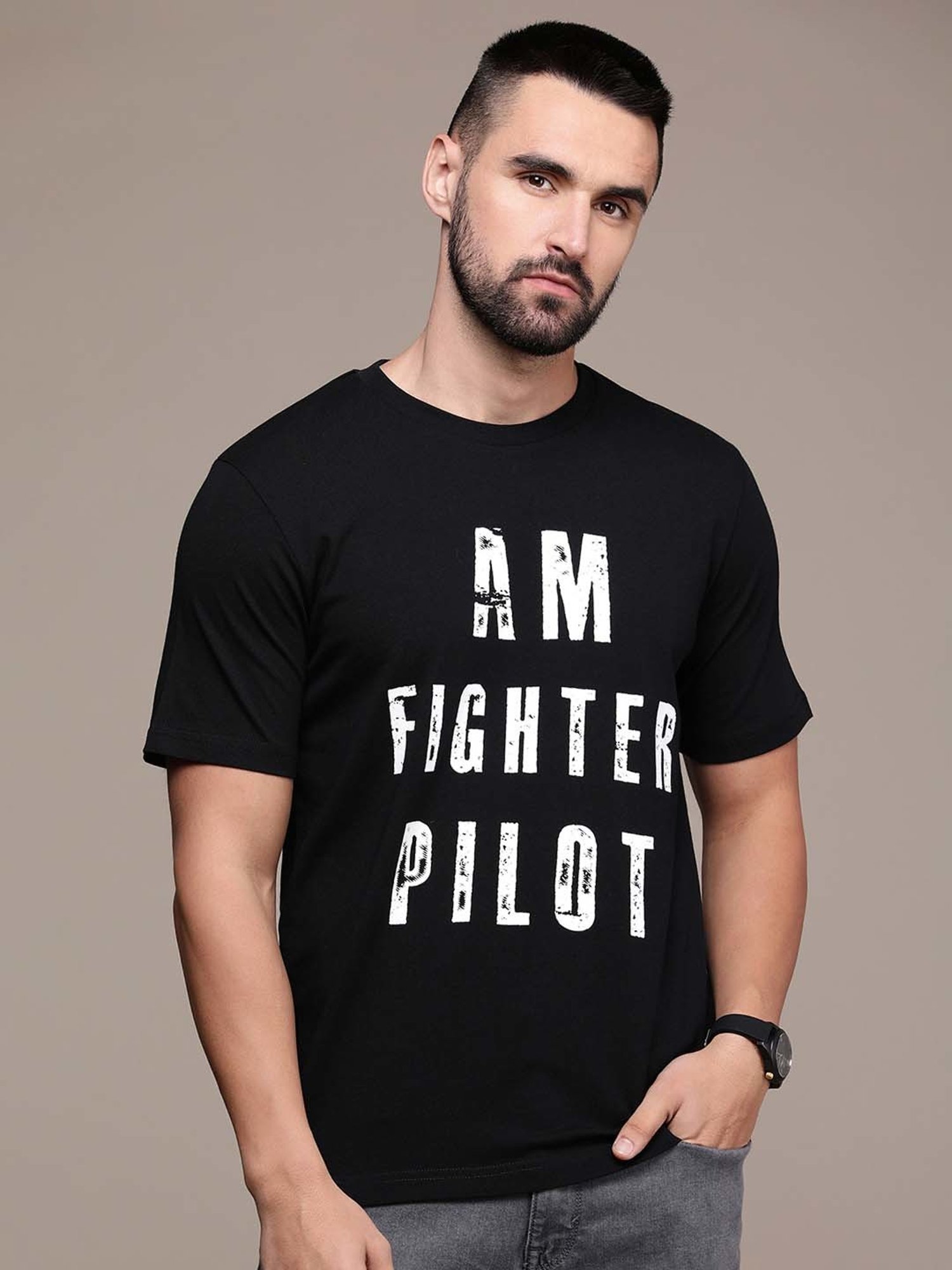 Burnt Umber Black Regular Fit Printed Crew T-Shirt