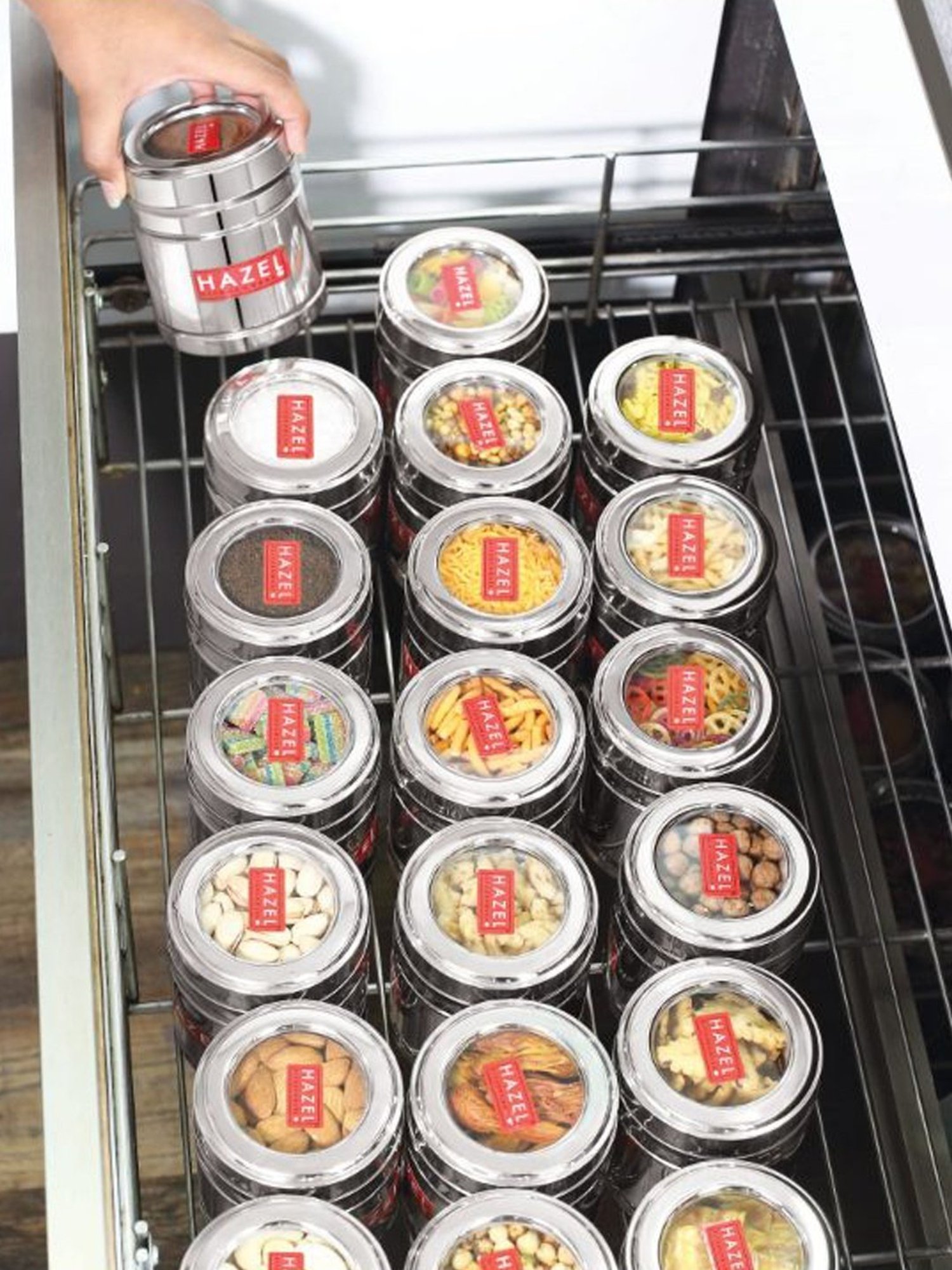 HAZEL Silver Stainless Steel Container with Transparent Lid - Set of 6 (0.5L)