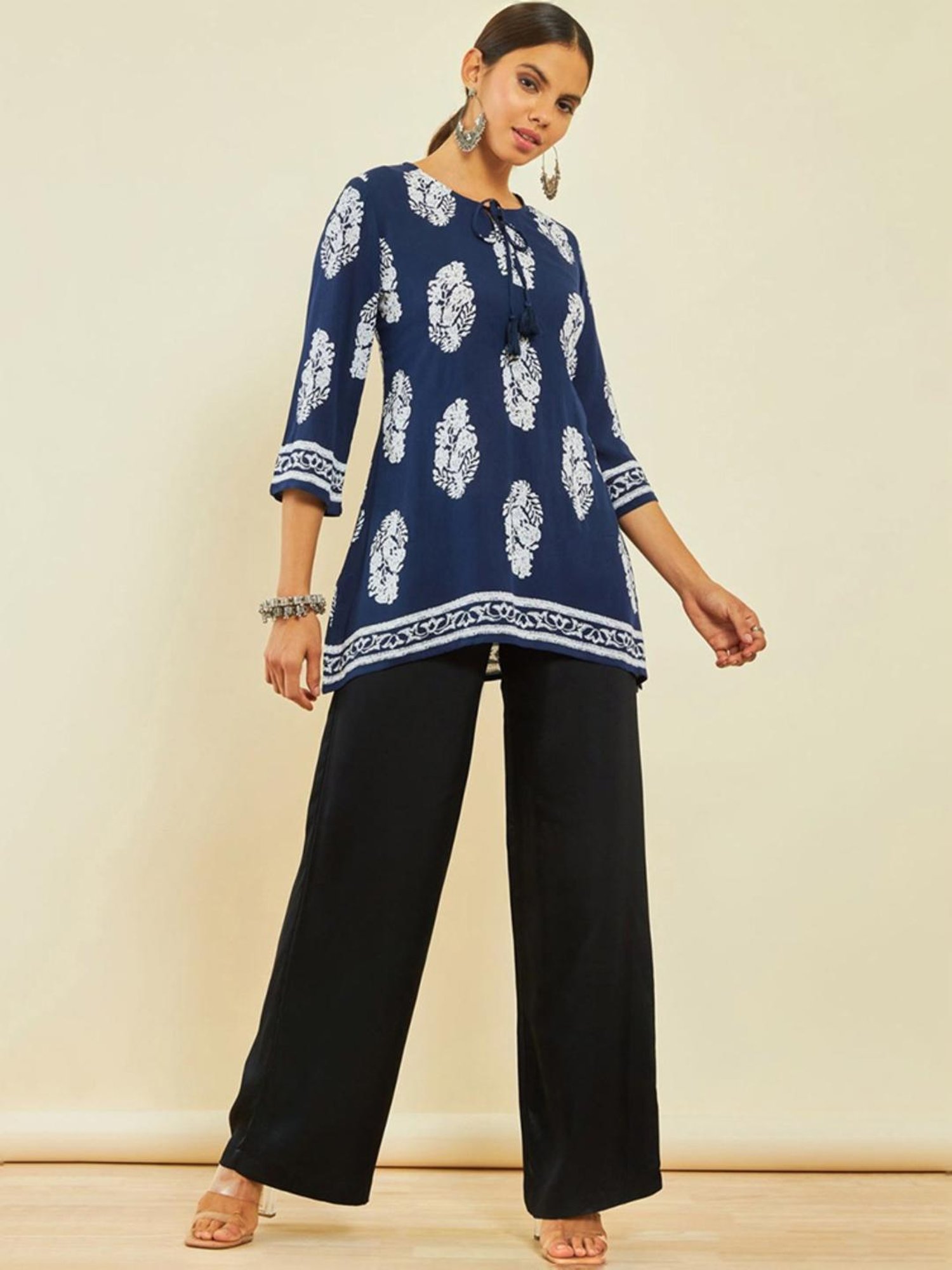 Soch Navy Blue Crepe Floral Print Round-Neck Tunic with Vented Hemline