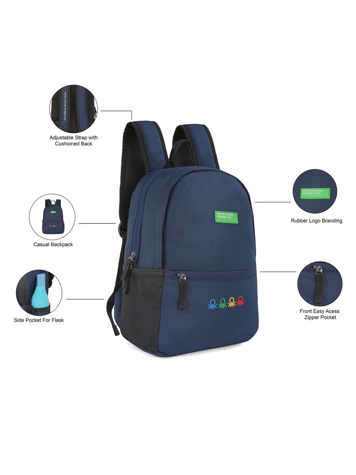 United Colors of Benetton Citron Navy Polyester Solid Backpack - 12 Ltrs