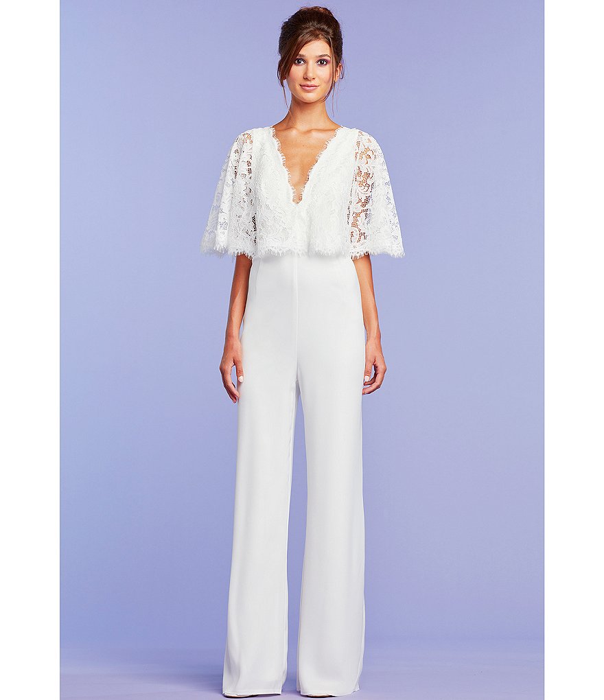 Tadashi Shoji Deep V-Neck Lace Caplet Bridal Jumpsuit