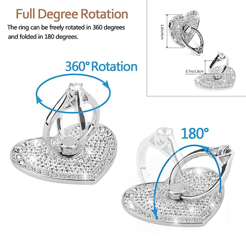 Cell Phone Finger Ring Stand with Sparkly Diamond  Heart Love Phone Ring Kickstand Holder Washable Removable 360&deg;Rotation Zinc Alloy Ring Grip Stand for All Phones Silver