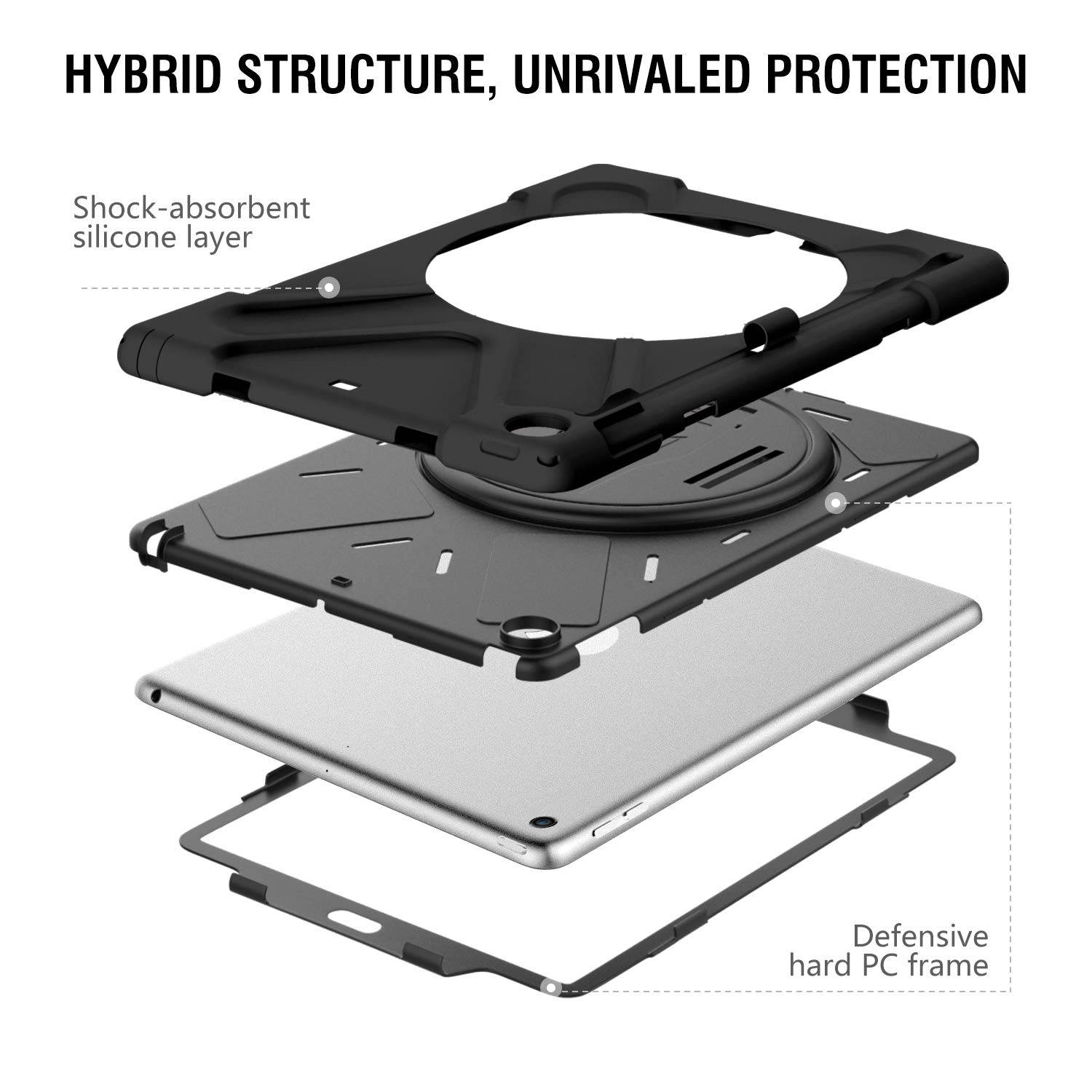 MoKo Fit 2018/2017 iPad 9.7 6th/5th Generation - Shockproof Protection Rugged Protective Heavy Duty iPad Case With 360 Degree Rotate Stand, Hand Strap, Shoulder Strap, Pencil Holder - Black