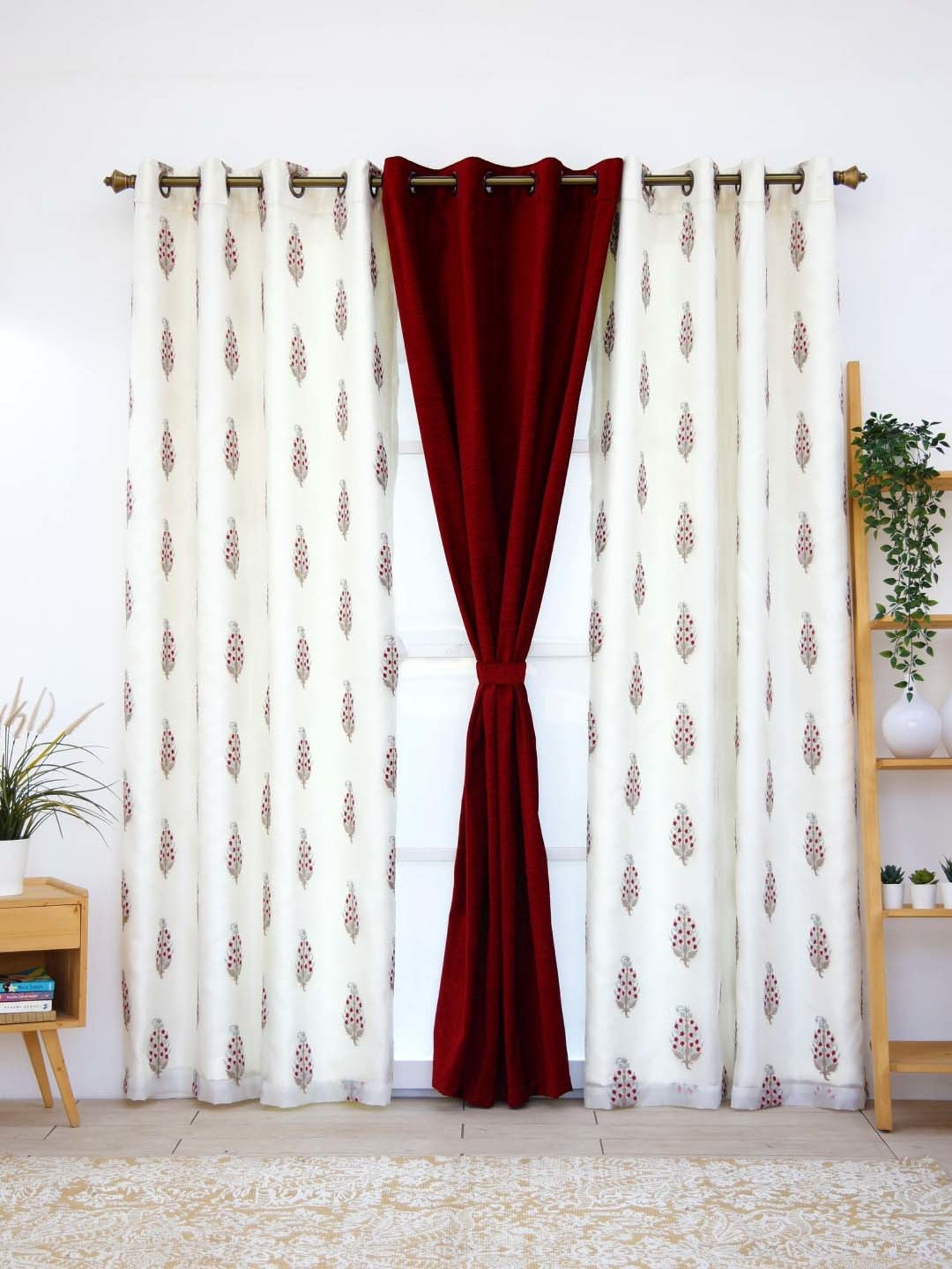 Ariana Siroi with Quince Combo Red & Off-White Polyester 5 Ft. Window Curtain - Set of 3