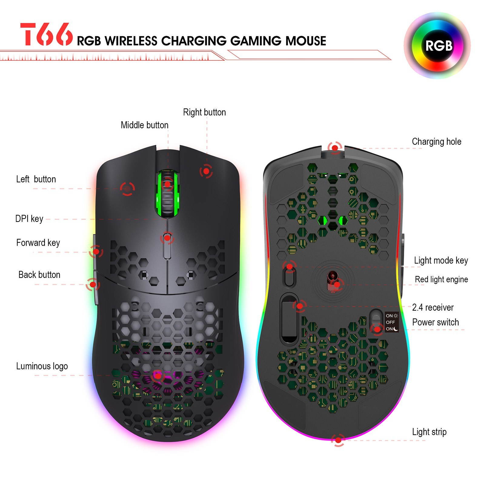 HXSJ T66 RGB 2.4G Wireless Gaming Mouse RGB Lighting Charging Mouse with Adjustable DPI Ergonomic Design for Desktop Laptop