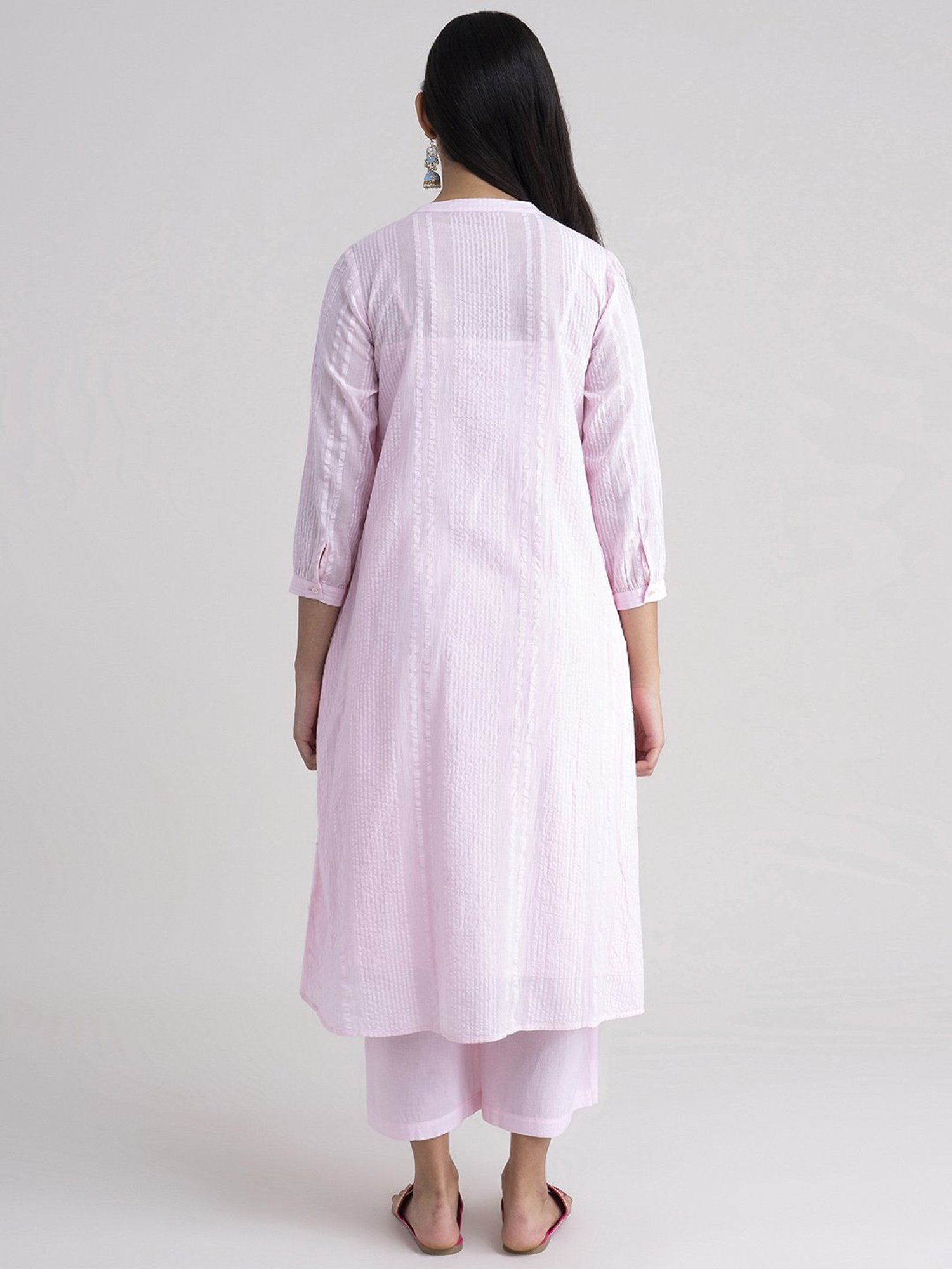 Pink Fort Pink Cotton Striped Kurta Pant Set
