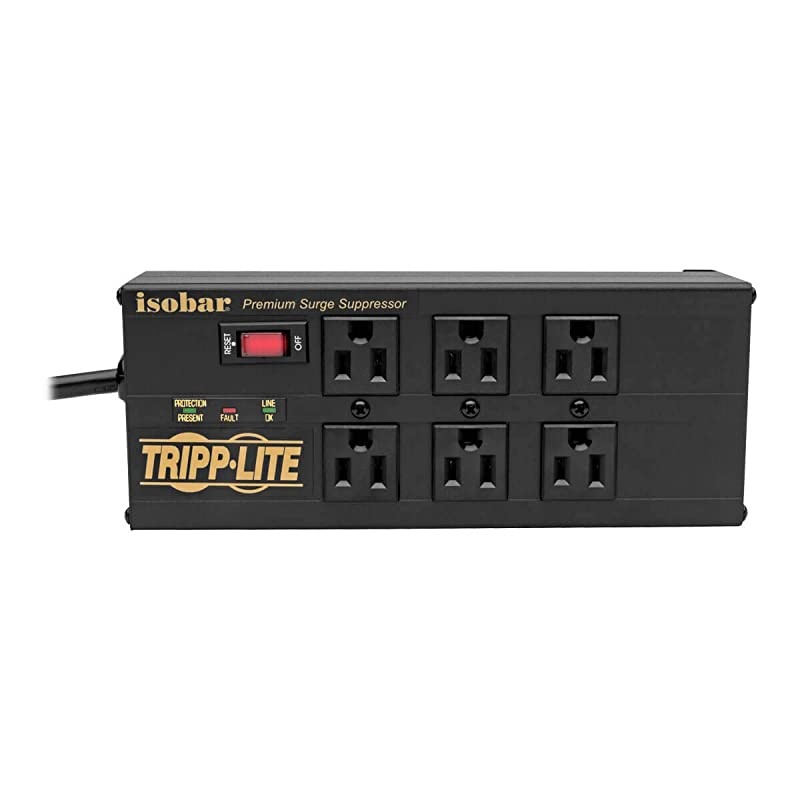 Isobar 6 Outlet Surge Protector Power Strip with 2 USB Charging Ports 10ft Long Cord RightAngle Plug Metal 3840 Joules Lifetime Limited Warranty $50K Insurance IBAR6ULTRAUSBB Black