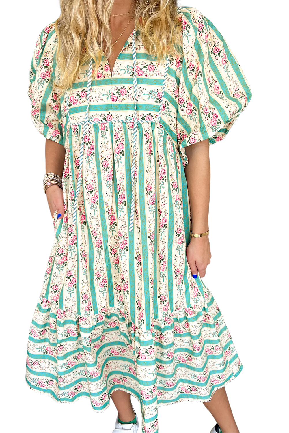 Multicolour Floral Print Split Neck Midi Dress