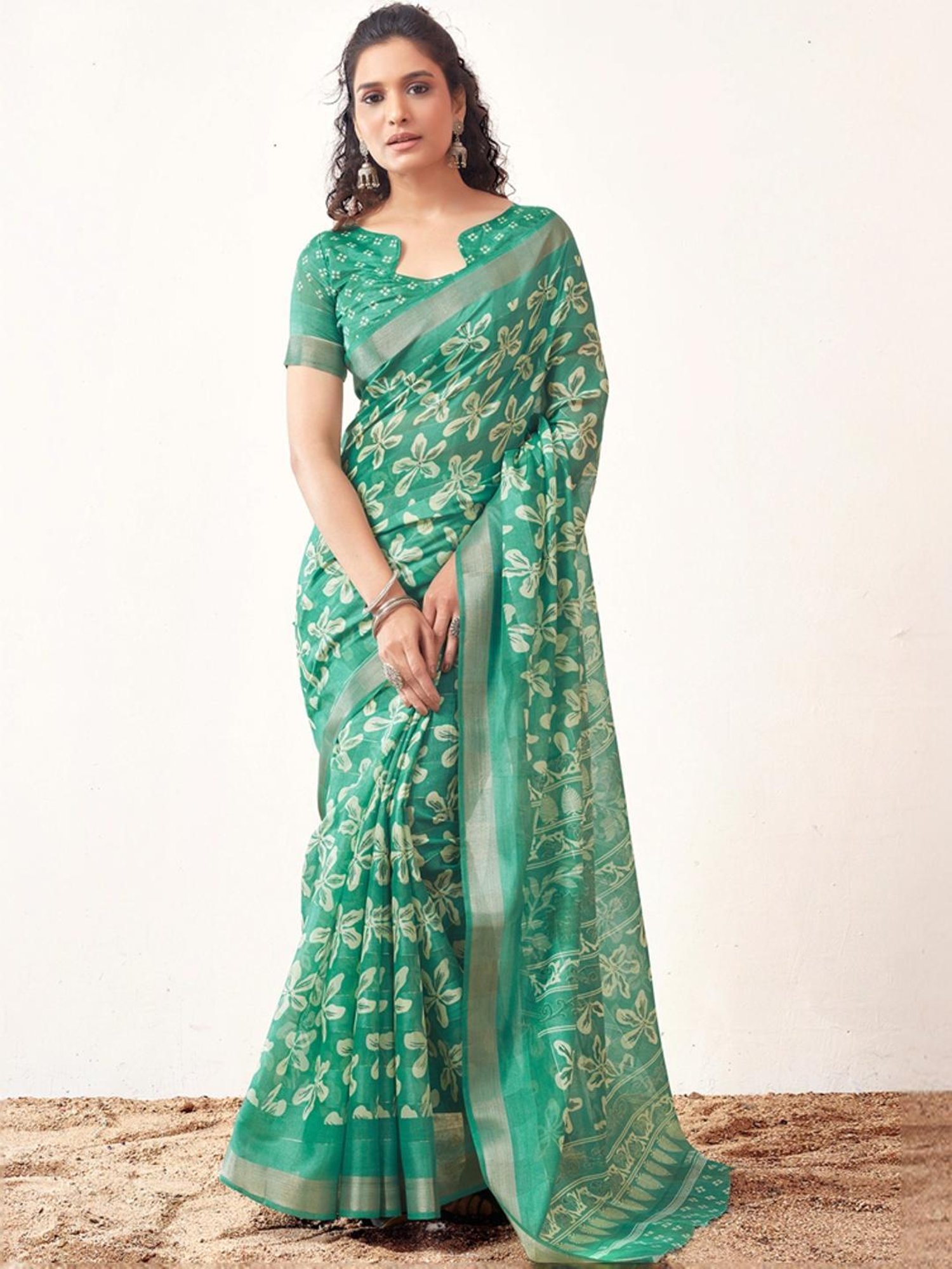 Satrani Green Floral Print Saree With Unstitched Blouse