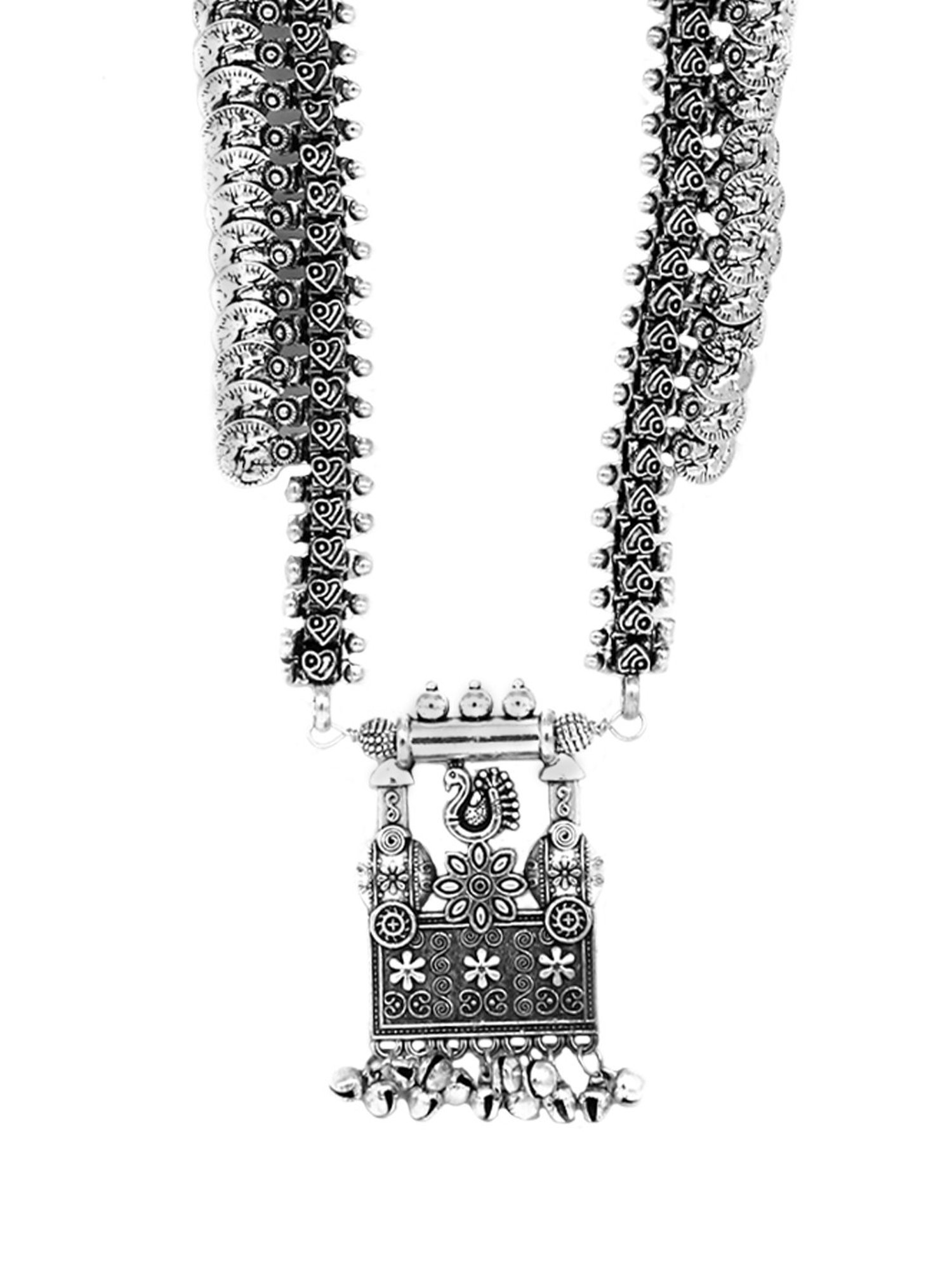 Teejh Ethnic Kaveesha Silver Oxidized Peacock Necklace Set for Women