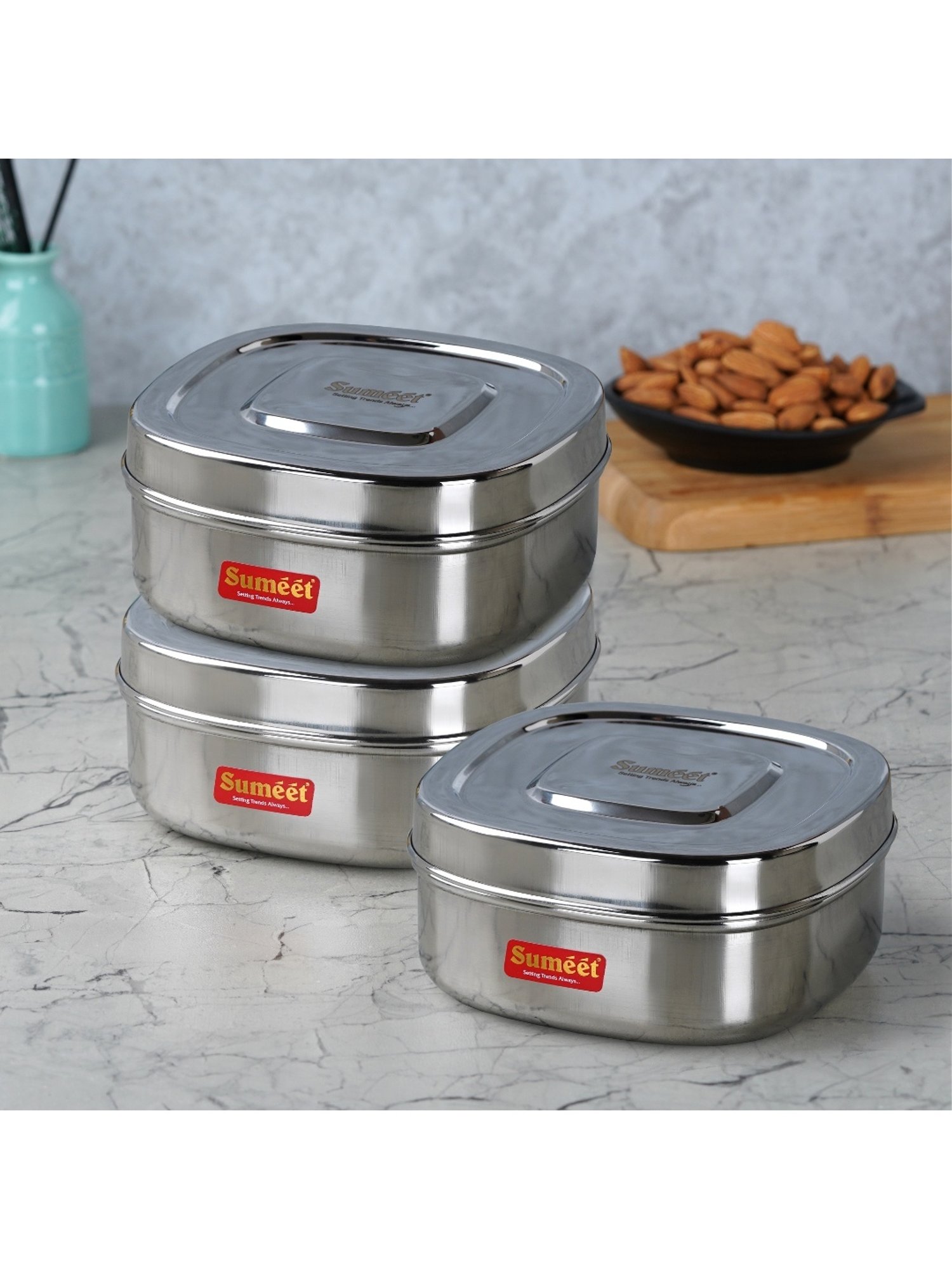 Sumeet S.S. Square Storage containers box/Dabba for Kitchen, Set of 3Pcs, 700ml, 12.5cm Dia, Silver