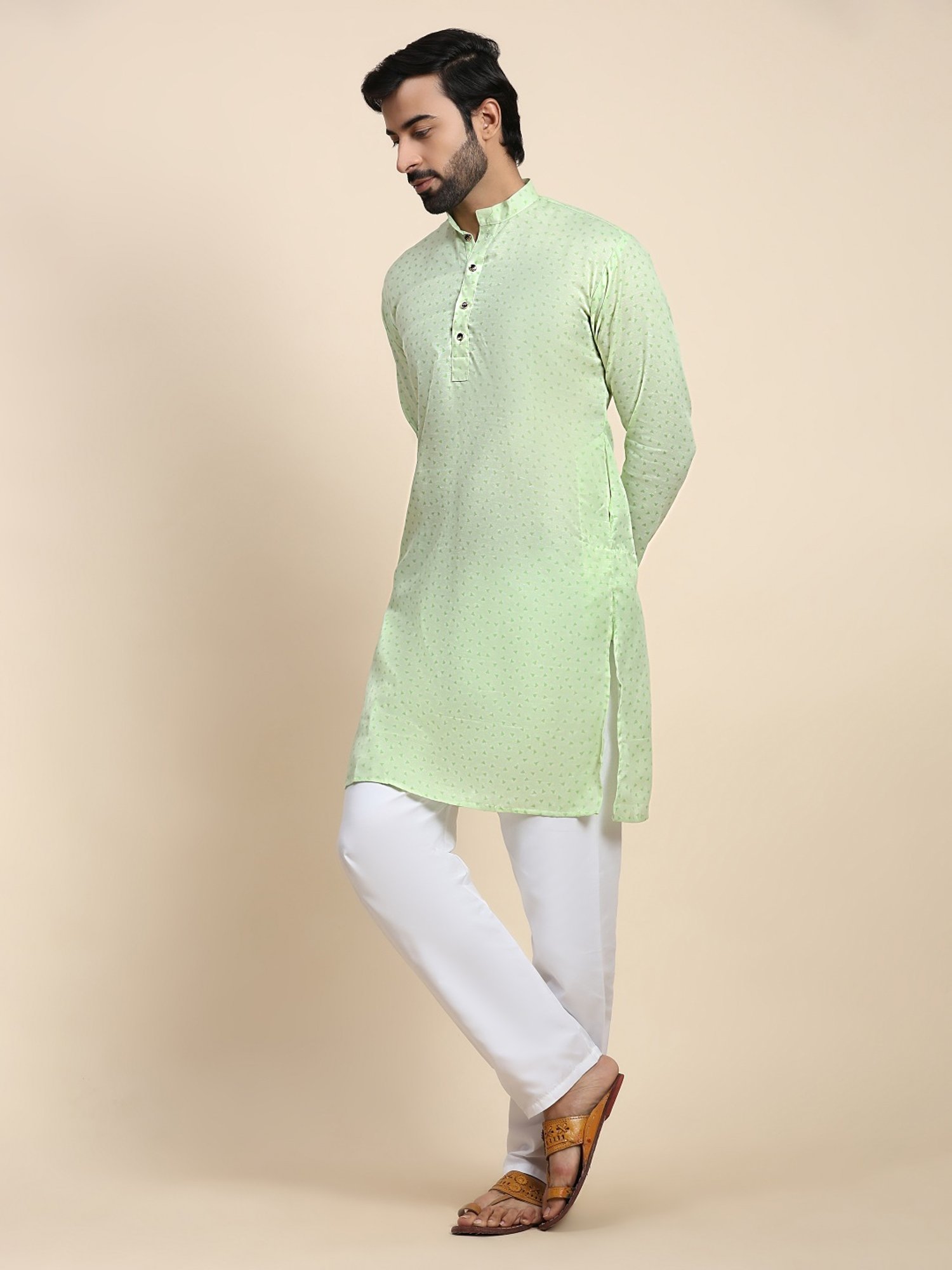 Pro-Ethic Style Developer Green & White Cotton Regular Fit Printed Kurta Bottom Set