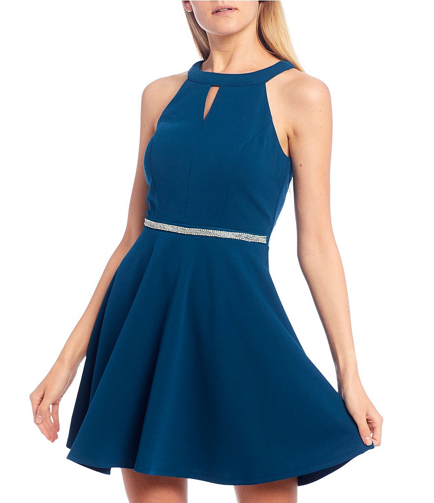 Honey and Rosie Keyhole Rhinestone Waist Detail Crepe Party Dress