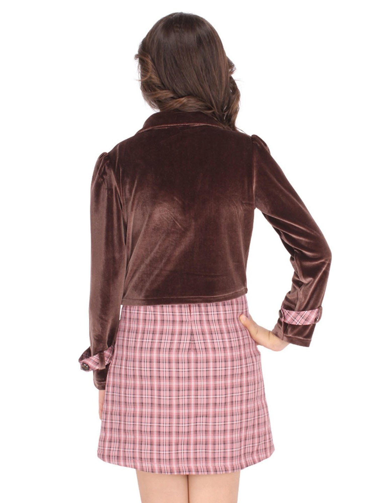 Cutecumber Kids Brown & Pink Printed Full Sleeves Dress with Shrug