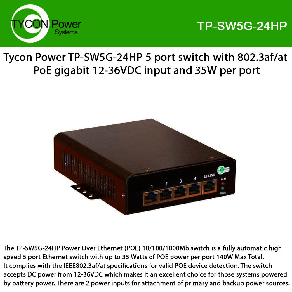 Tycon TP-SW5G-24HP IEEE802.3af PoE 12-36VDC High Power