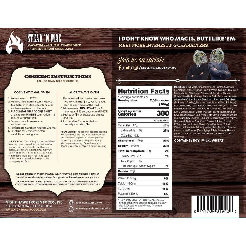 Night Hawk Frozen Steak 'n Mac - 7.05oz