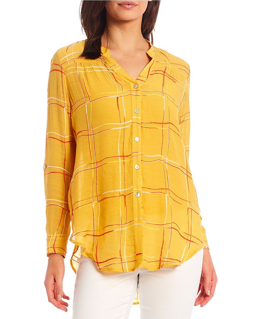 Figueroa & Flower Roxy Embroidered Plaid Roll-Tab Sleeve Button Down Tie-Front Top