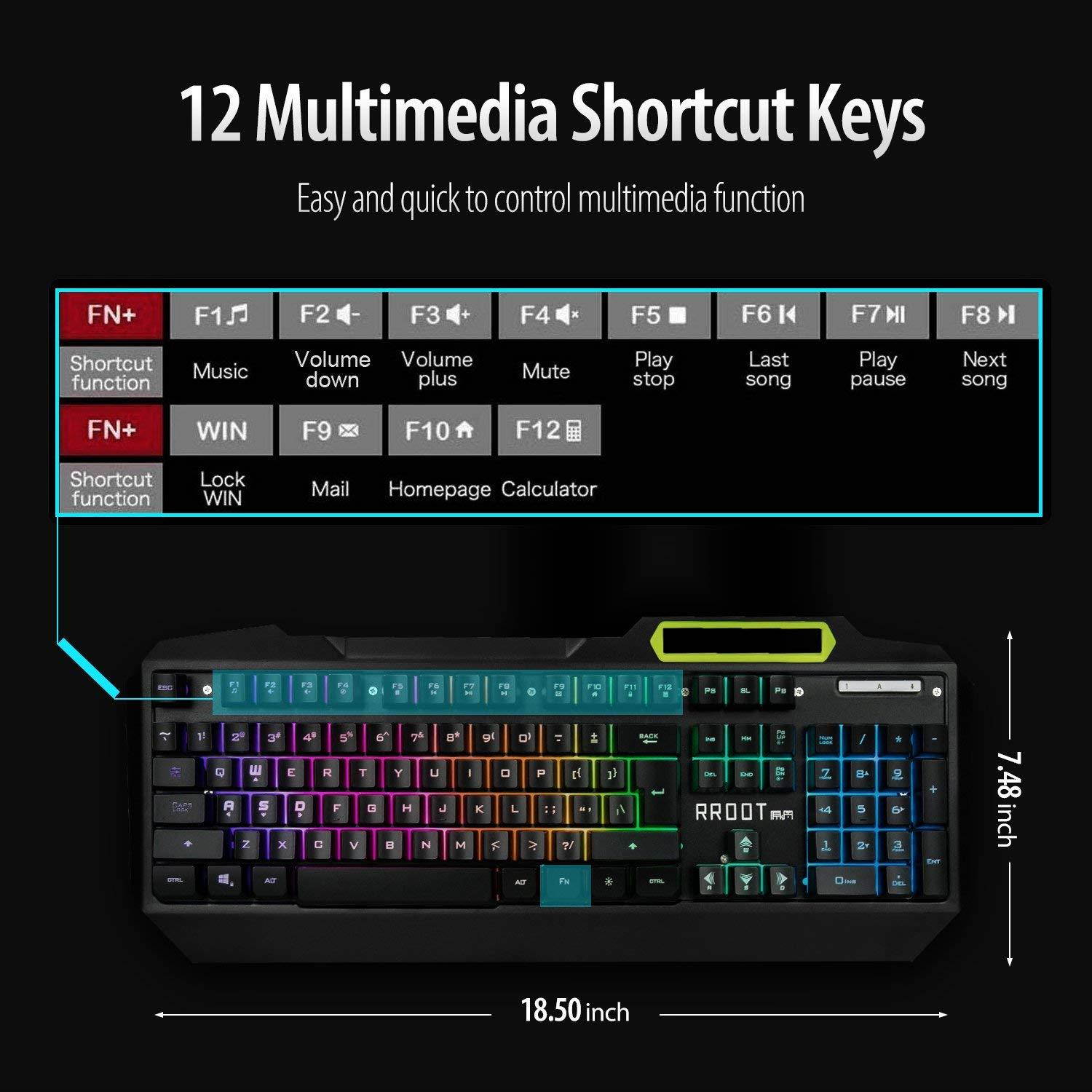 Gaming Keyboard, Anti-Ghosting Multimedia RGB LED Backlit (with Voice Control), 104 Key USB Wired Spill-Resistant Aluminum Alloy Metal Panel for Gaming and Typing by Lumsburry RROOT (Cool Black)