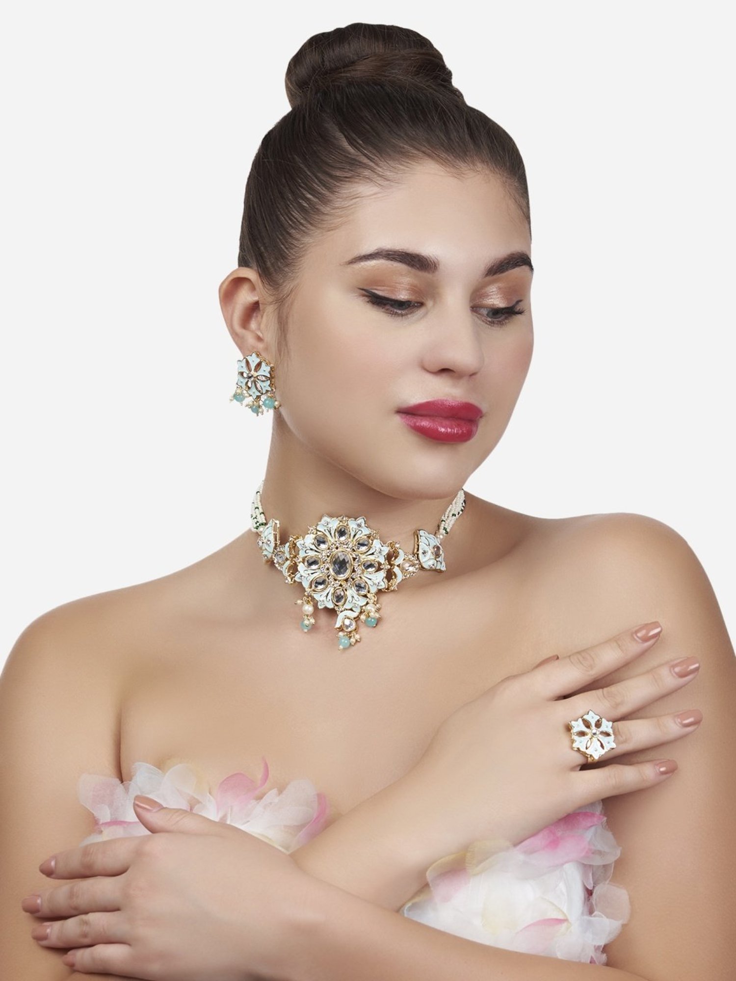 Zaveri Pearls Turquoise Meenakari Multistrand Kundan Necklace, Earring & Ring Set