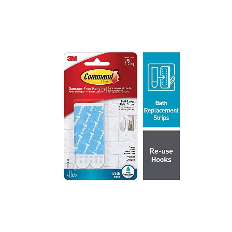 Bath Large Water-Resistant Adhesive Refill Strips, 4-Large Strips, Re-Hang Large Bath Hooks or Caddies