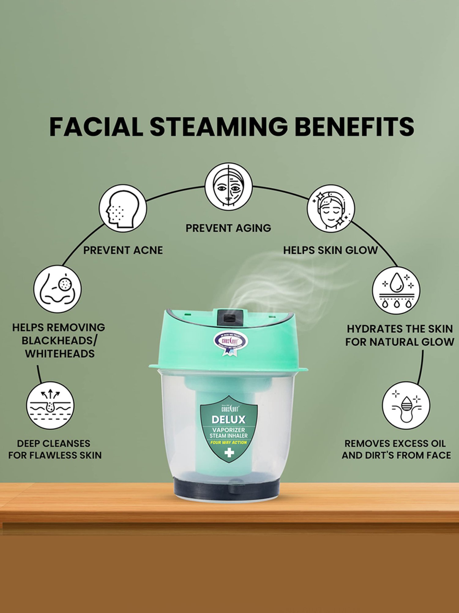 Crescent Delux Facial Steamer Vaporizer for Cold & Cough, Separate Water Container (Ice Green)