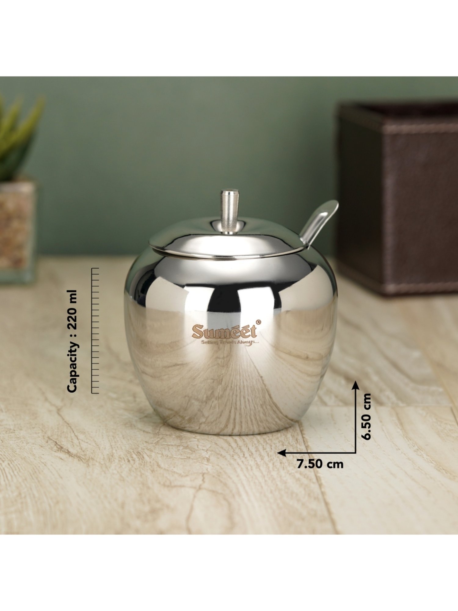 Sumeet S.S.Apple Shape Ghee&Oil Pot,Storage Container with Spoon for Kitchen,7.5cm,220ML-(Pack of 2)