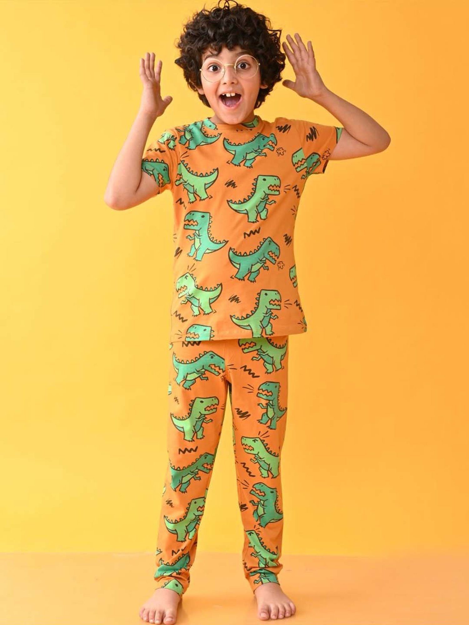Anthrilo Kids Mustard Cotton Printed T-Shirt & Trouser