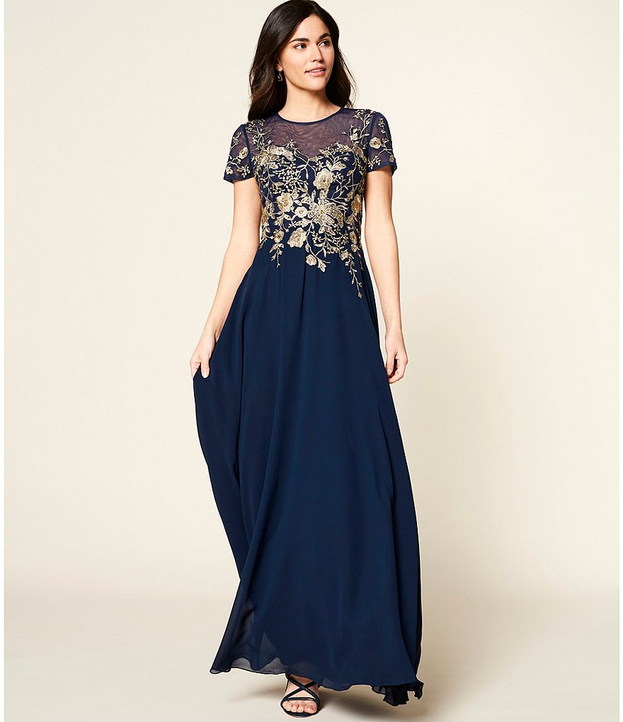 Betsy & Adam Illusion Neck Floral Embroidered Chiffon Gown
