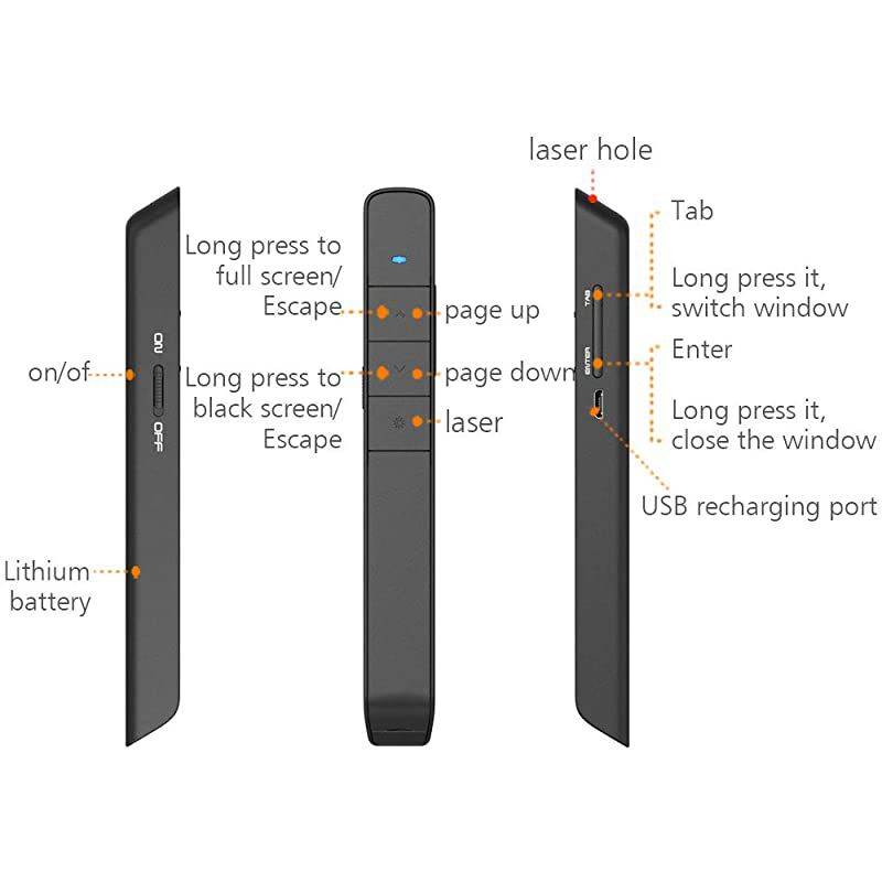 Rechargeable  N75RBK Wireless Presenter Rechargeable with 300 ft Long Control Distance Hyperlink USB Powerpoint Remote Presentation Clicker Laser Pointer Rechargeable 24GHz BBlack