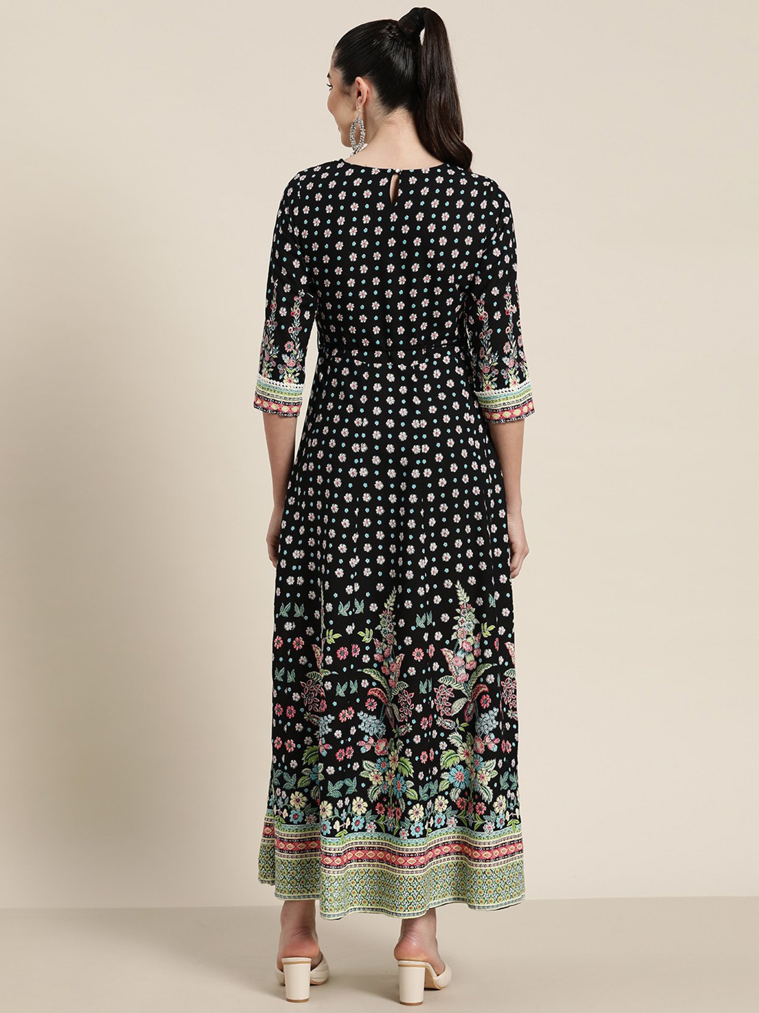 Juniper Black Festive Floral Printed Rayon Anarkali Dress