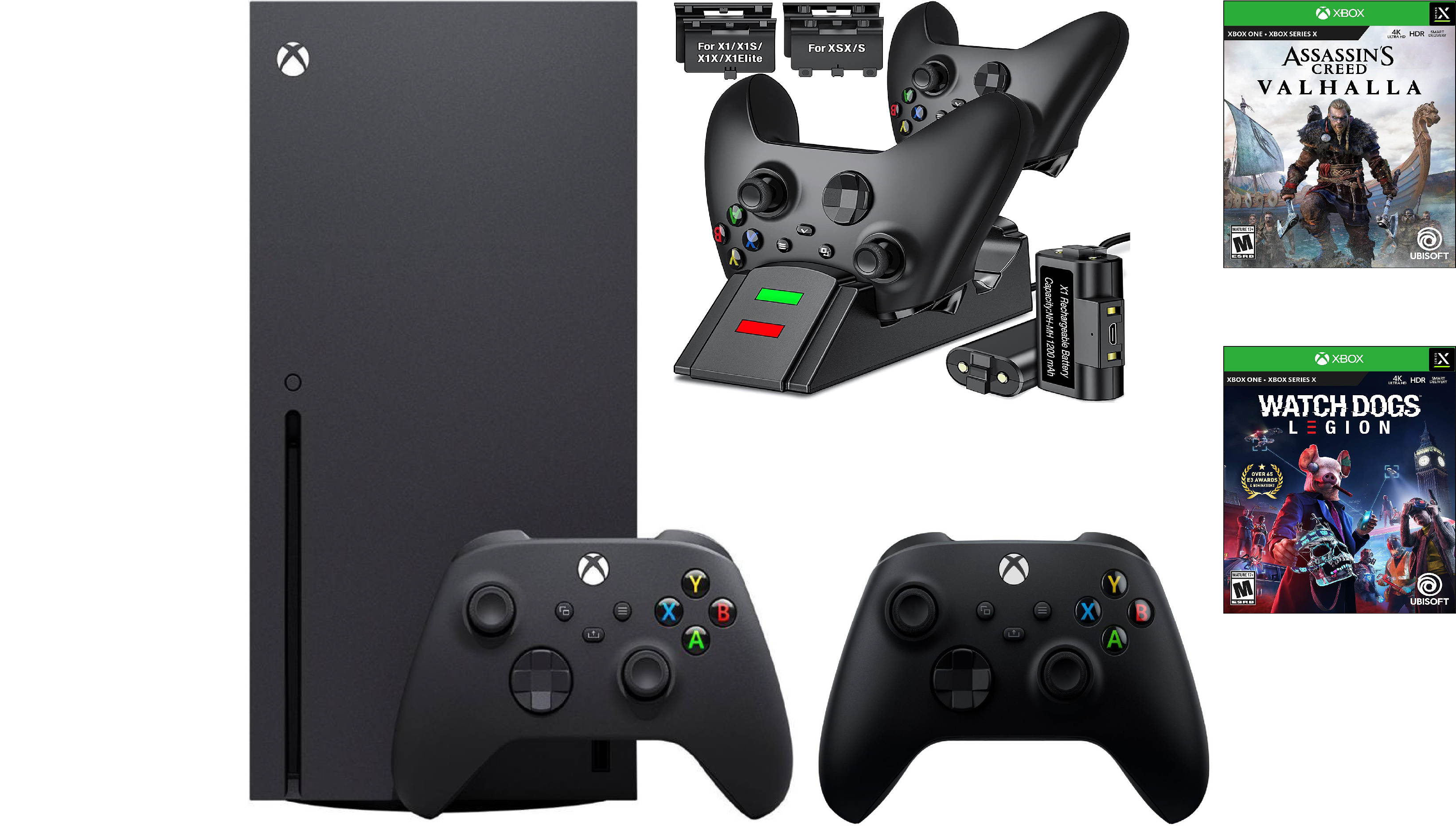Xbox bundle: Microsoft Xbox Series X 1TB SSD Black Console and Wireless Controller + Watch Dogs: Legion and Assassin's Creed Valhalla+Ozeal Charging Station