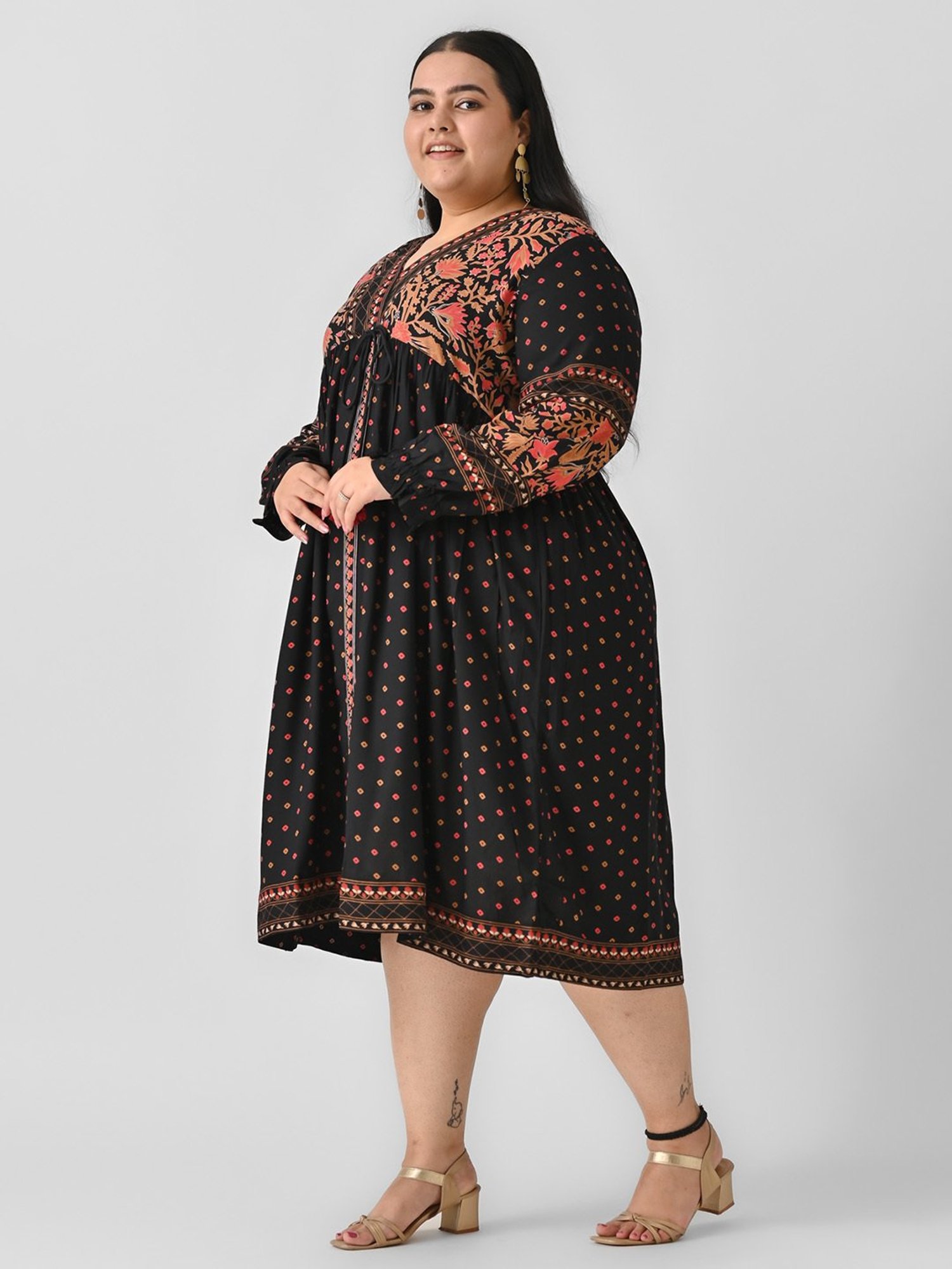 Rustorange Black Printed Ethnic Dress