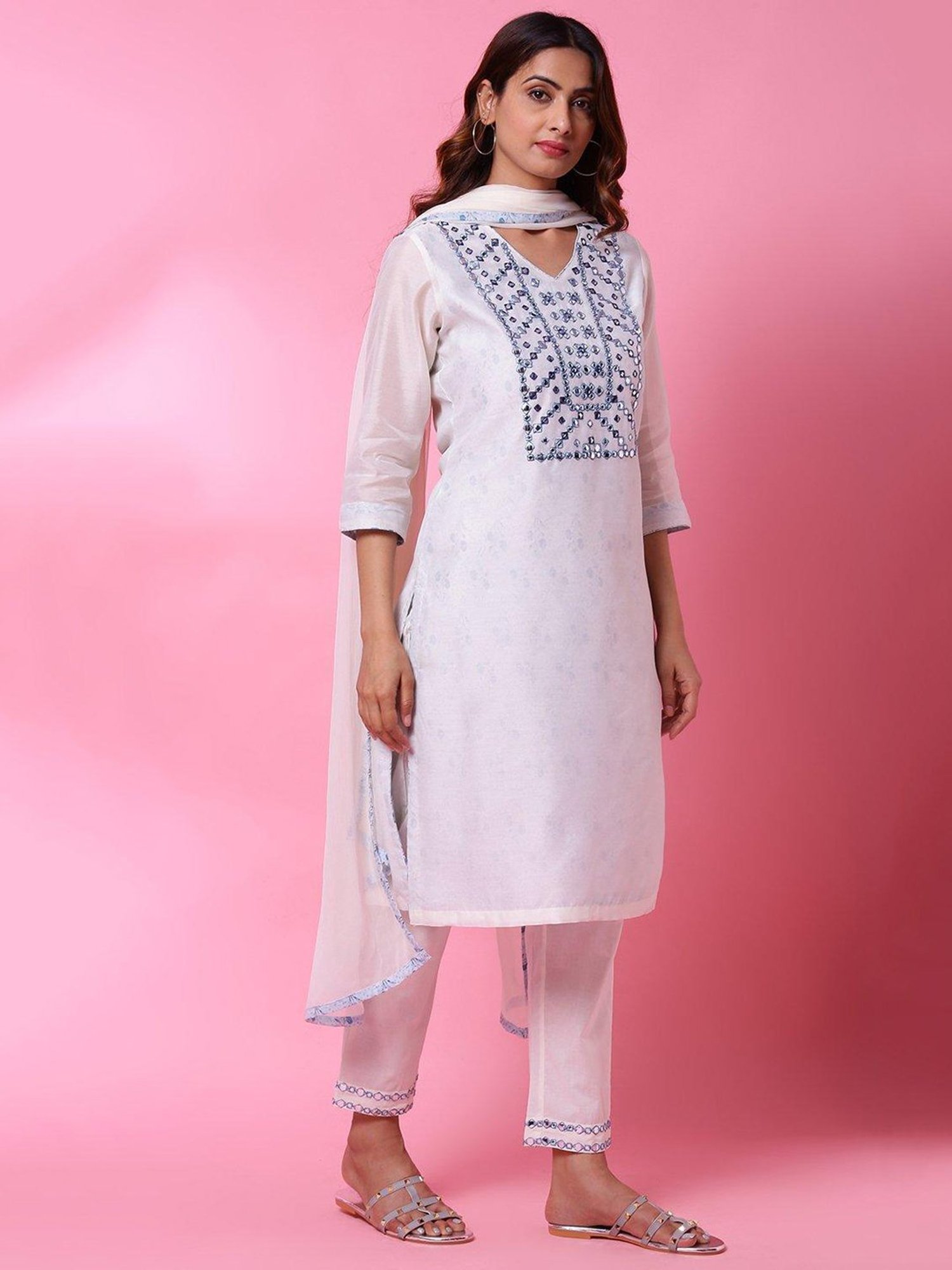 Biba Off White Embellished Kurta With Pant & Dupatta