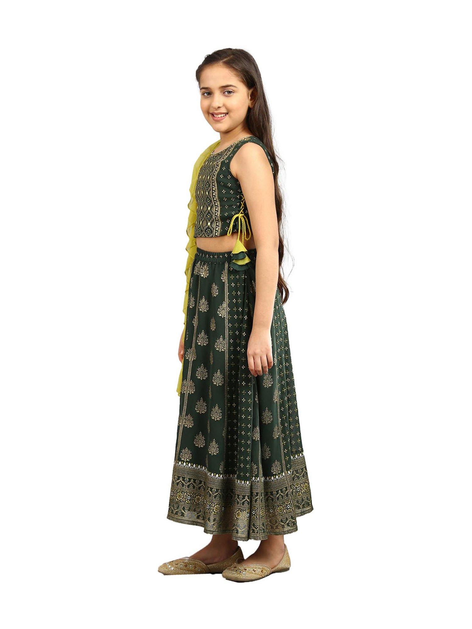 Aurelia Kids Green & Yellow Embellished Top, Skirt with Dupatta